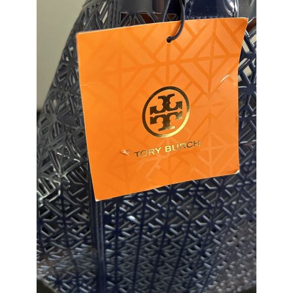 Tory Burch Lattice Perforated Navy Blue Tote Bag NWT beach travel Weekender - Picture 9 of 10